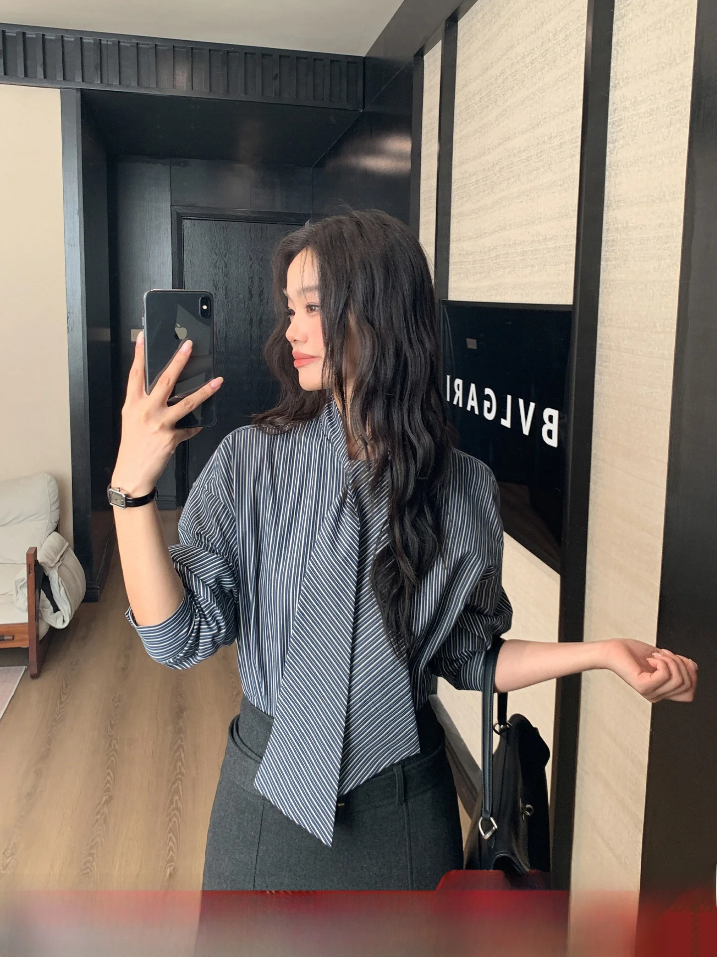 

Женская весенняя блузка с синими полосками, уникальный дизайн, свободный крой, хлопок, длинный рукав, воротник-стойка, открытый кардиган