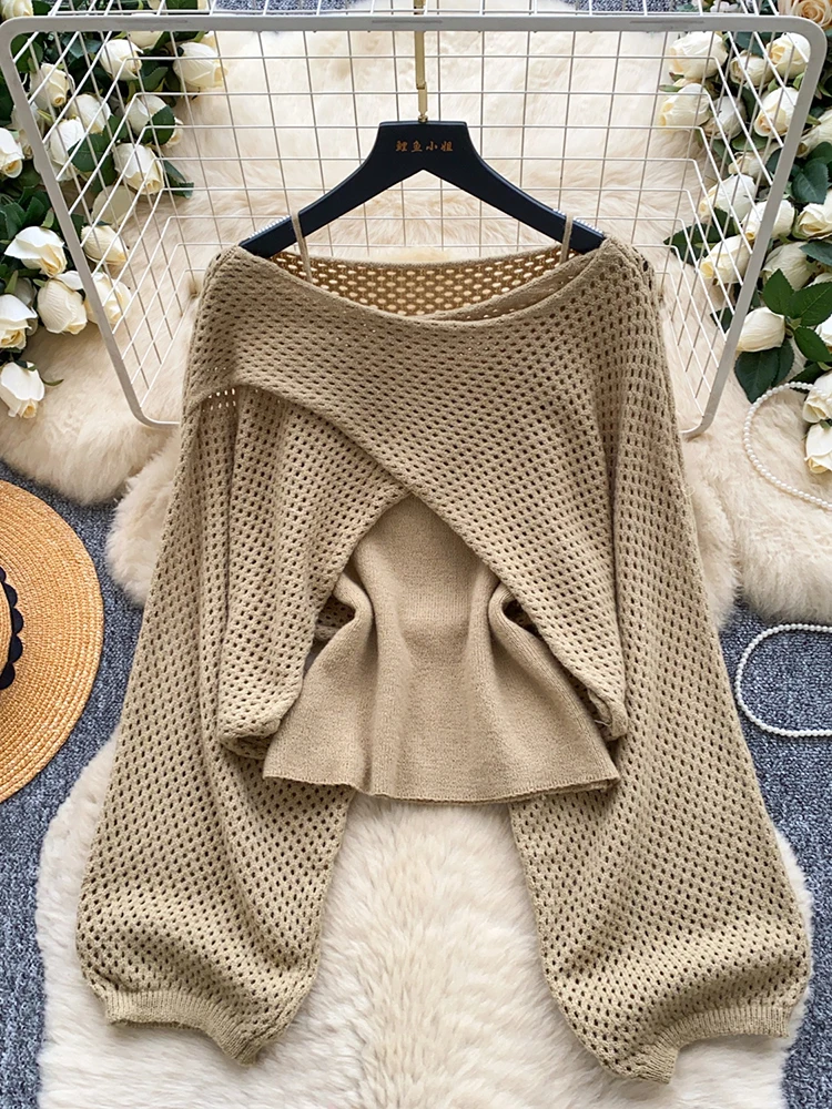 

Women's Shirt Two PiecesKnitted Two-piece Set with Base Camisole Vest and Loose Long Sleeved Cover Shirt Female Top TP034