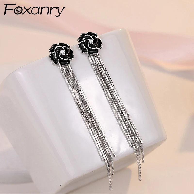 Foxanry Black Rose Flower Long Tassel Drop Earrings For Women Girl Trendy Creative Elegant Sweet Sexy Wedding Bride Jewelry Gift