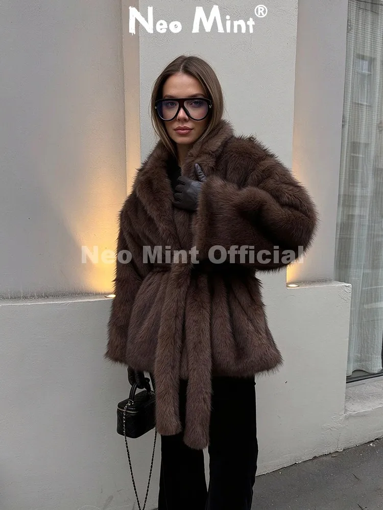Neo Mint Mocha Brown Faux Fur Coat Women 2026 Winter Belted Wrap Jacket with Oversized Collar Plush Long Sleeve Winter Outerwear