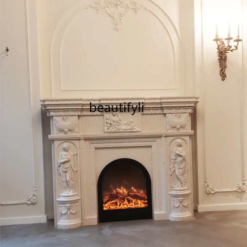 

Marble fireplace European marble carving relief flower living room background wall fireplace