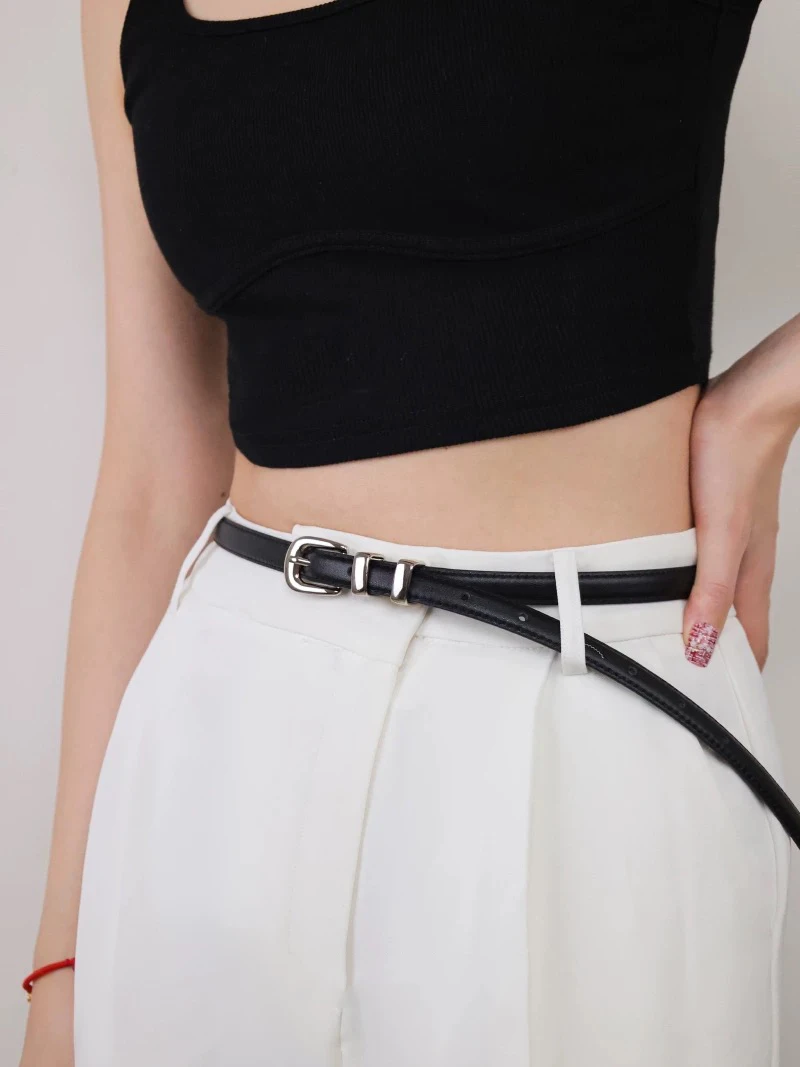 Skinny Belts Genuine Leather Women Fashion Belt Shiny Silver Buckle Waistband For Dress Jeans Sweater Luxury Women Thin Belt