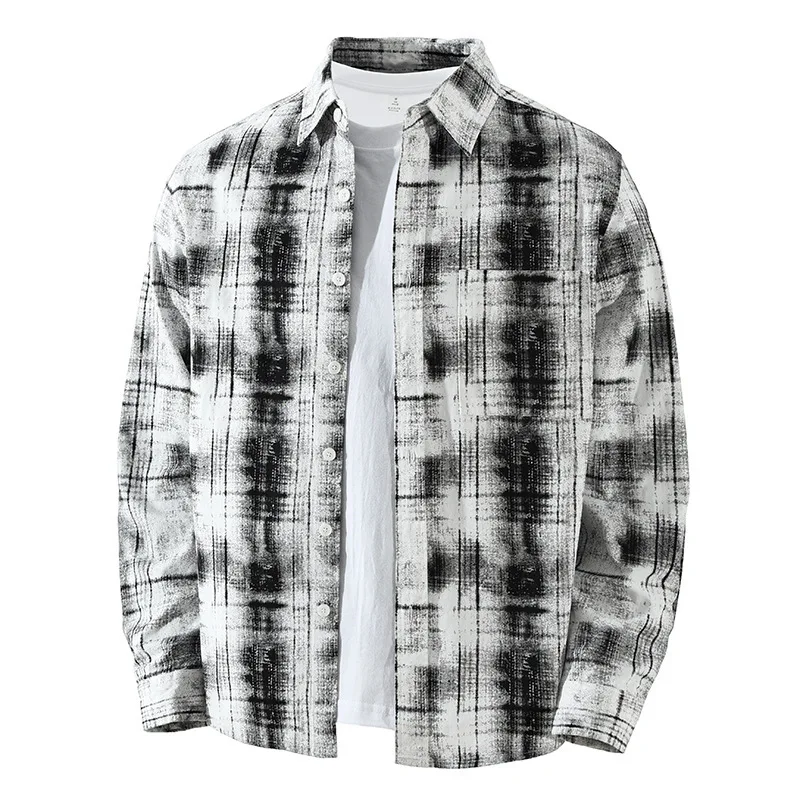 Mens Plaid Shirts Long Sleeve Japanese Style Streetwear Tie Dye Vintage Shirt Men Spring Pure Cotton Top Causal Shirts Jacket