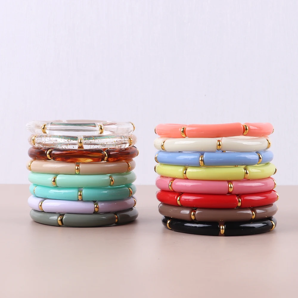 2Pcs Trendy Colorful Acrylic Bamboo Bracelets For Women Jelly Color Stretch Resin Beads Cuff Charm Bracelets & Bangles Jewelry