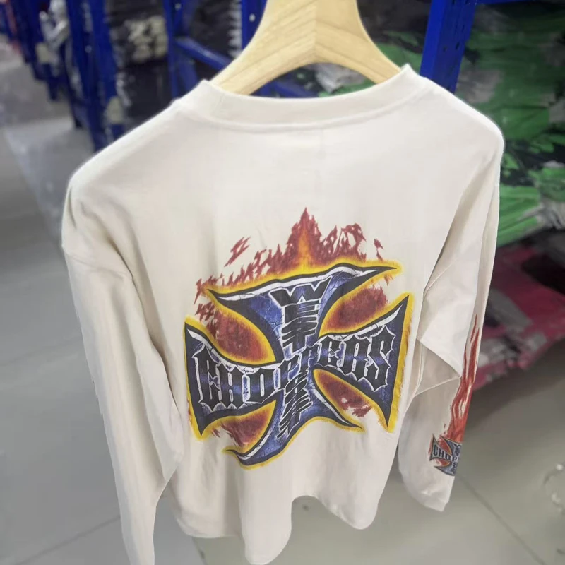 New Autumn Vintage Casual Loose High Quality Hip Hop West Coast T-shirt Cross Flame Print Washed Long Sleeved Tee Tops