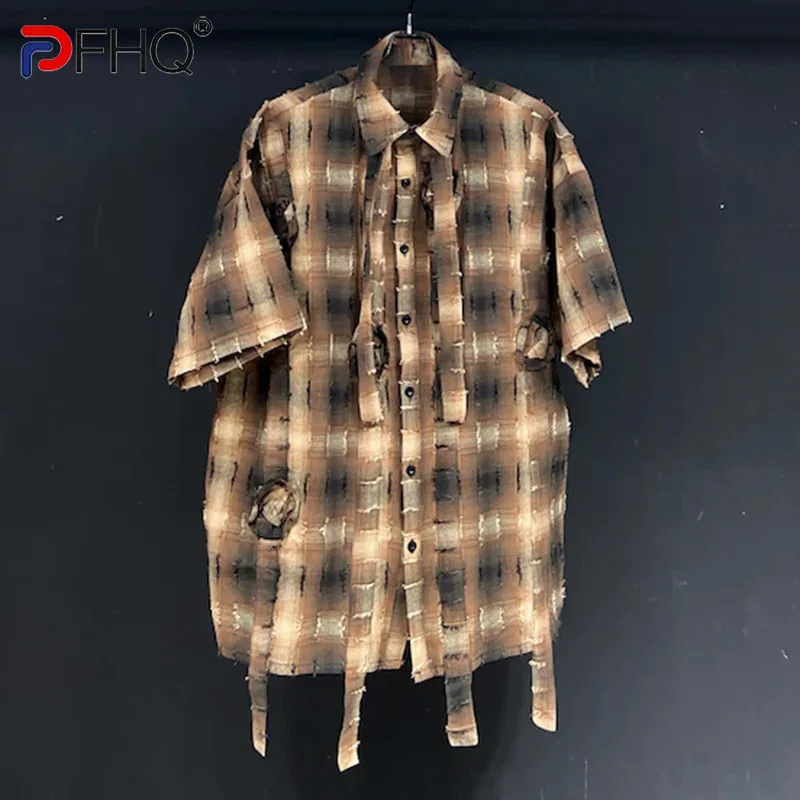 

PFHQ Men's Checkered Short Sleeved Shirts Ribbon Loose Summer Tie Dye Handmade Floral Haute Quality Creativity Tops New 21Z5039