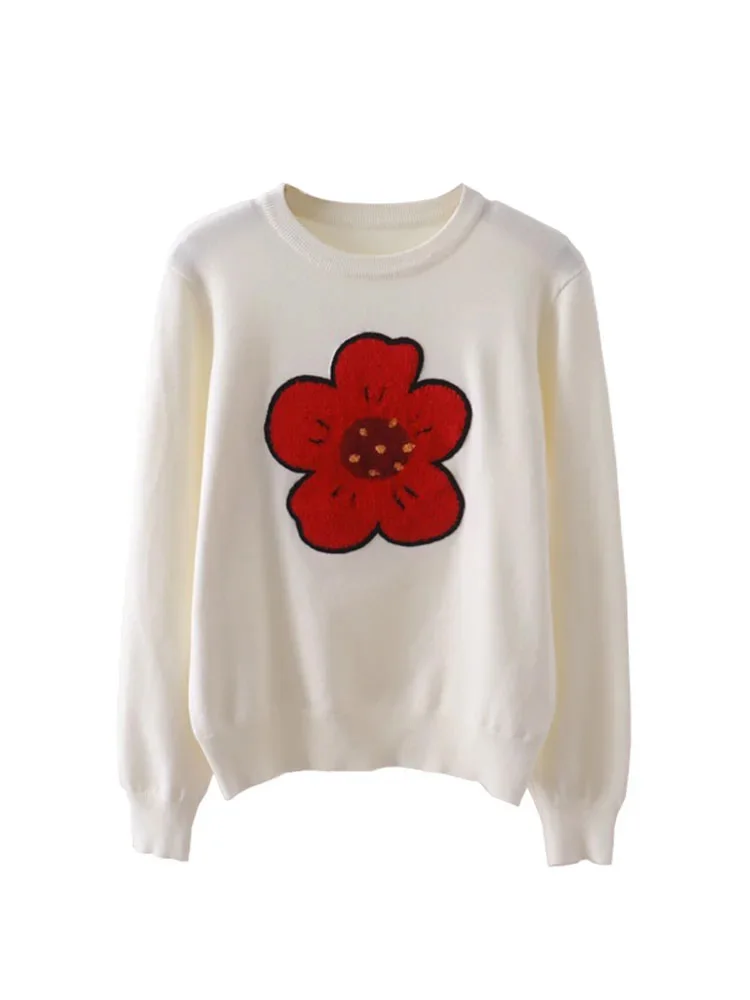 

Fall Floral Embroidery Sweater Women Sweet Long Sleeve Knitted Pullover Vintage Sweater Chic Tops