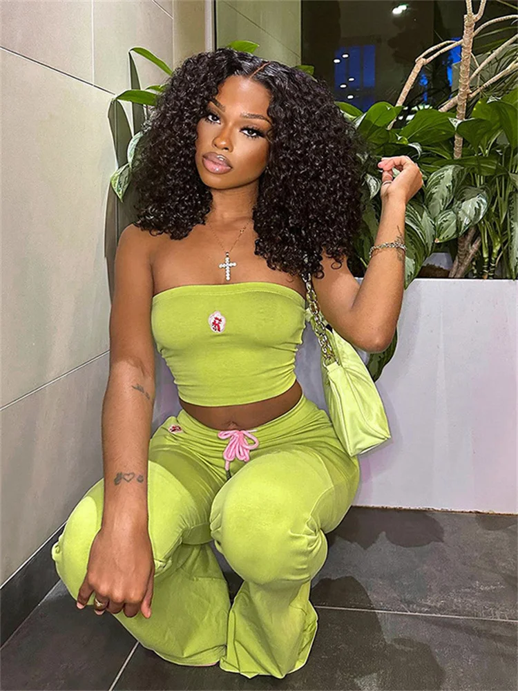 Simenual Y2K Aesthetics Green Co Ord Suits E-Girl Cute Flower Strapless Tupe Tops Casual Flare Pants Two Piece Sets for Women