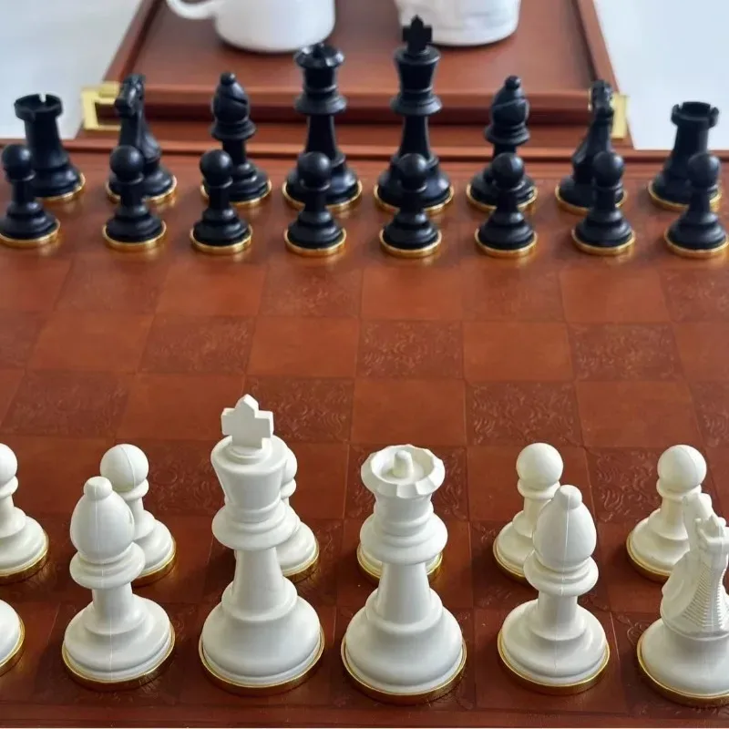 Chess, high-end leather chessboard chess box integrated, metal base chess pieces