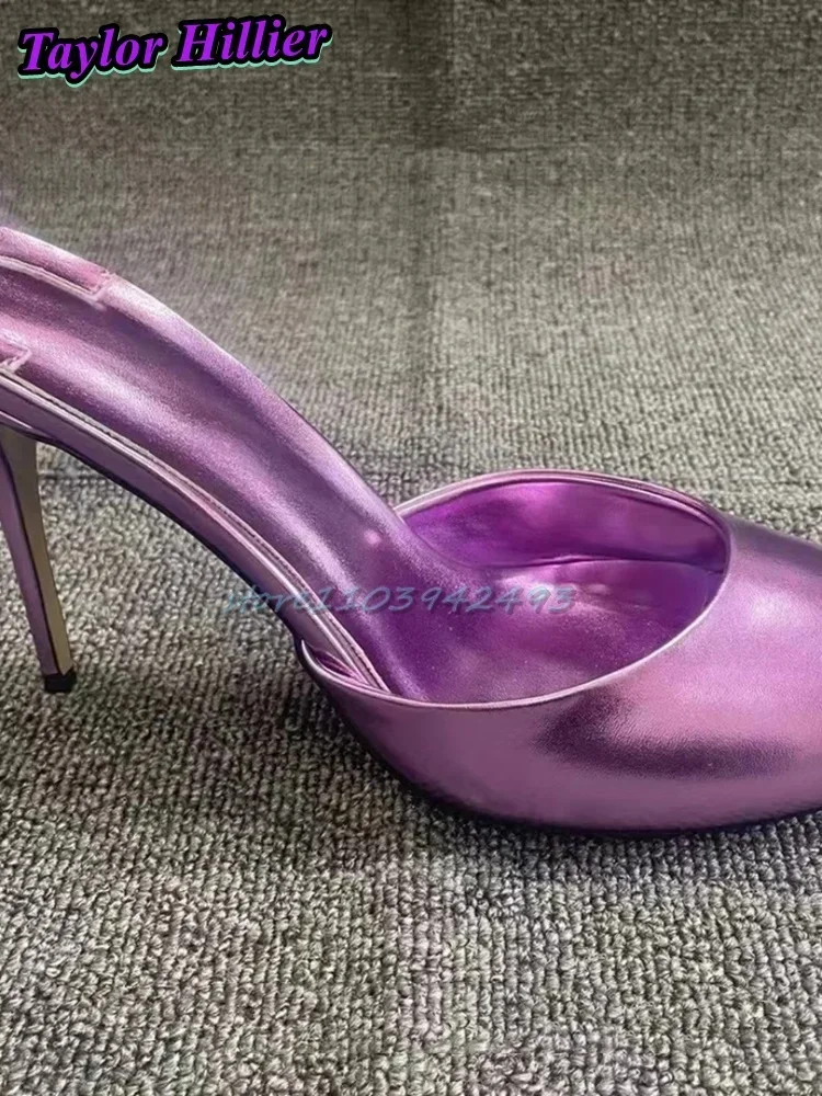 

Shiny Leather Slippers Peep Toe Slides Slip On Purple Heels Spring Summer Women Pull On Mules Thin Heel Genuine Leather Shoes