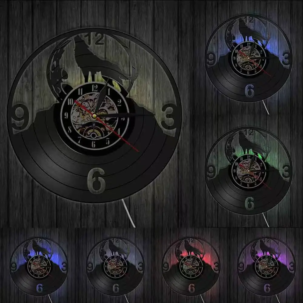 Steampunk Howling Wolf Moon Vinyl Record Wall Clock LED Retro Backlight Silent Gear Movement Gothic Room Decor for Music Lovers