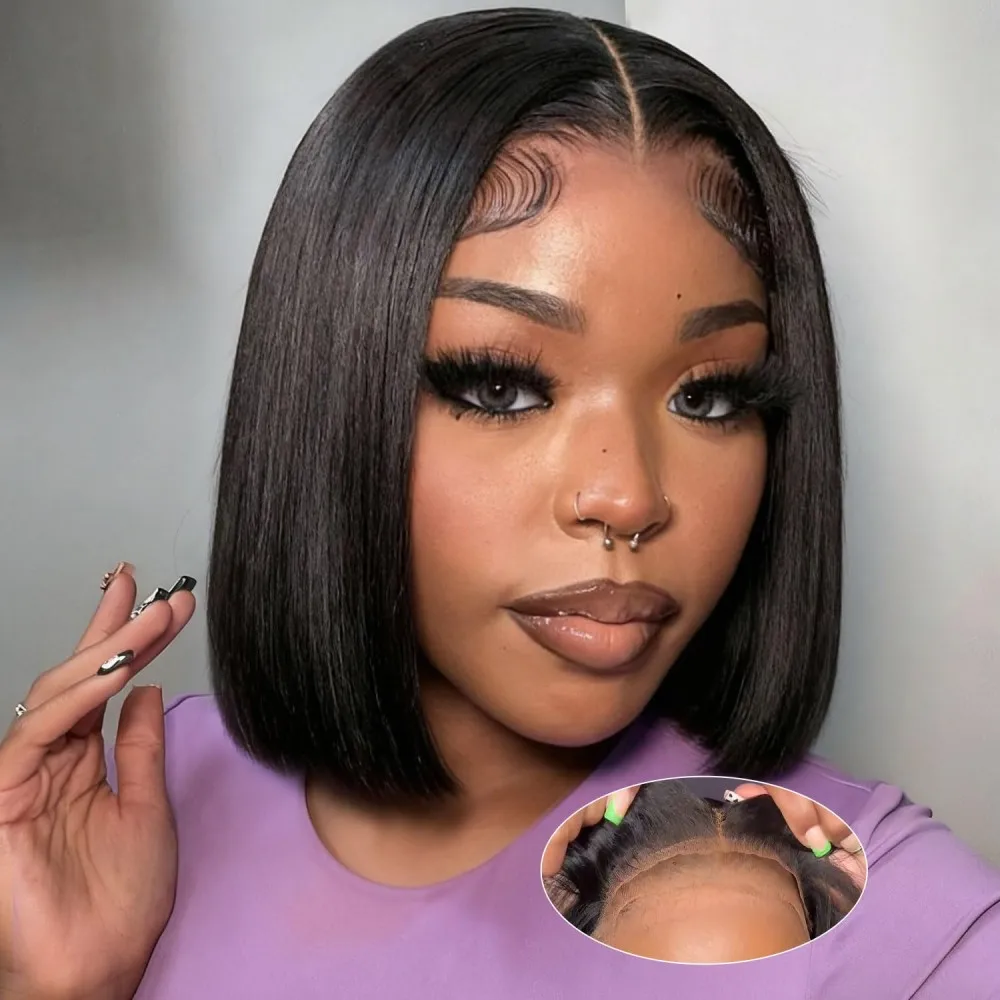 

Wear and Go Glueless Bob Wig Human Hair Pre Plucked Pre Cut 4x4 Lace Closure Bob Wigs For Women No Glue Straight Bob Lace Wigs