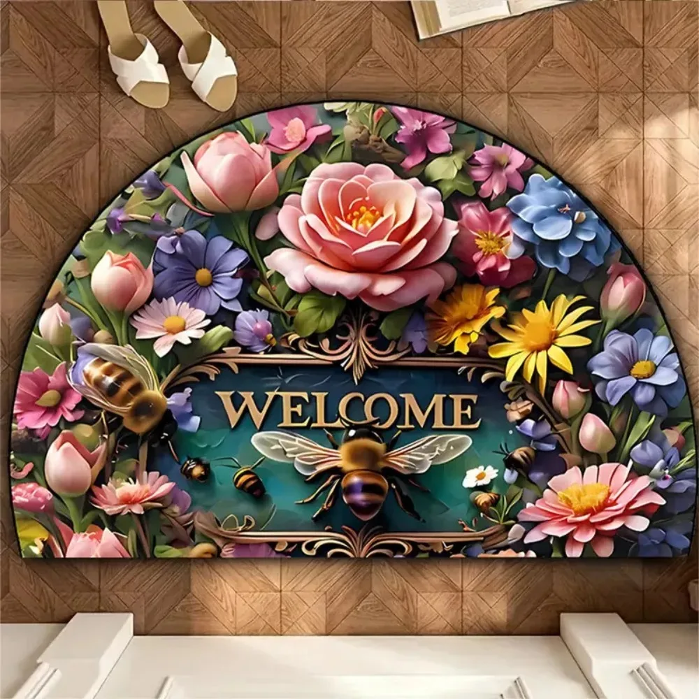 Half Round Doormat Welcome Floral Flower Printed Felt Mat Semicircle Entrance Welcome Carpet Non Slip Front Door Rug