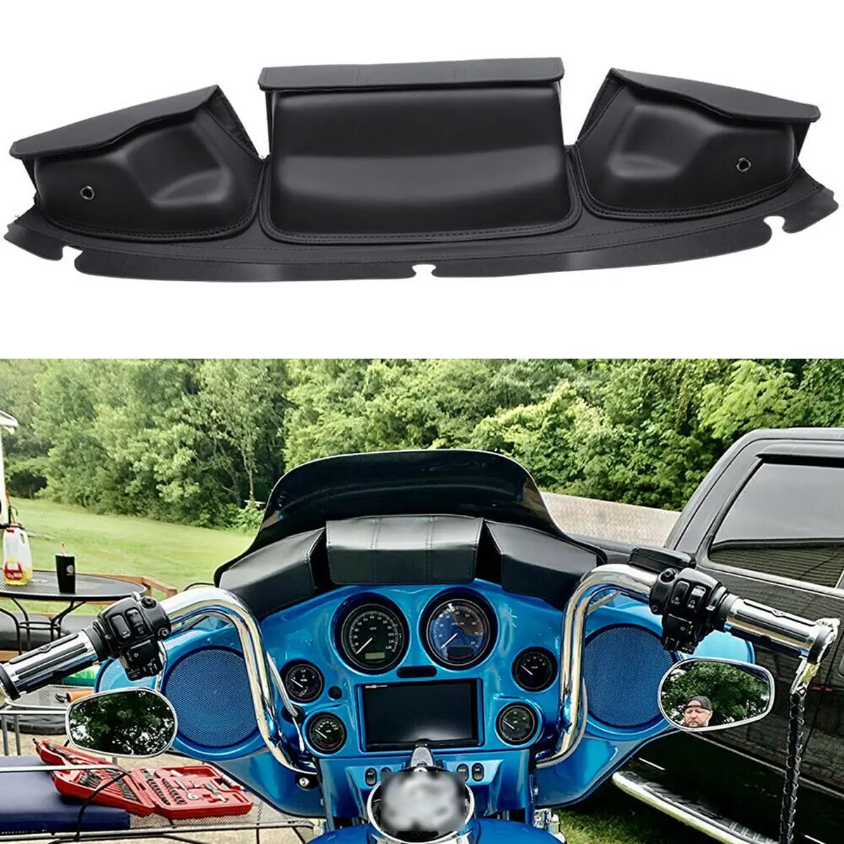 

Windshield Bag Three Pocket Batwing Fairing Pouch For 2014-2022 Touring Electra Glide, Street Glide Tri Glide