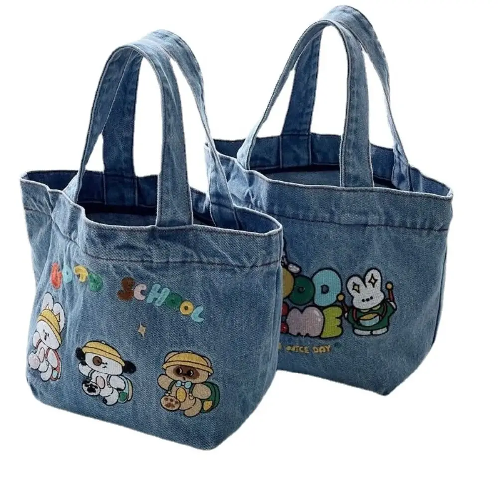 Cartoon Embroidery Lunch Bag Cute Large Capacity Washed Denim Handbag Food Storage Picnic Pouch Outdoor