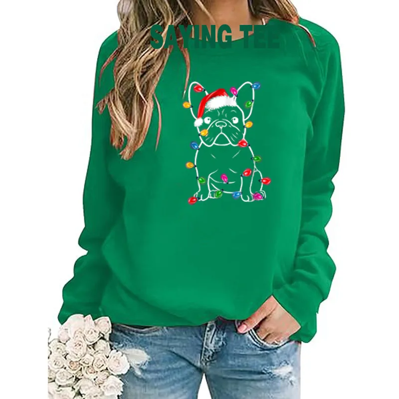 Funny French Bulldog Dog Tree Christmas Lights Pullower Sweater Long Sleeve Xmas Pajama T-Shirt Gifts Tops Fashion Saying Tee