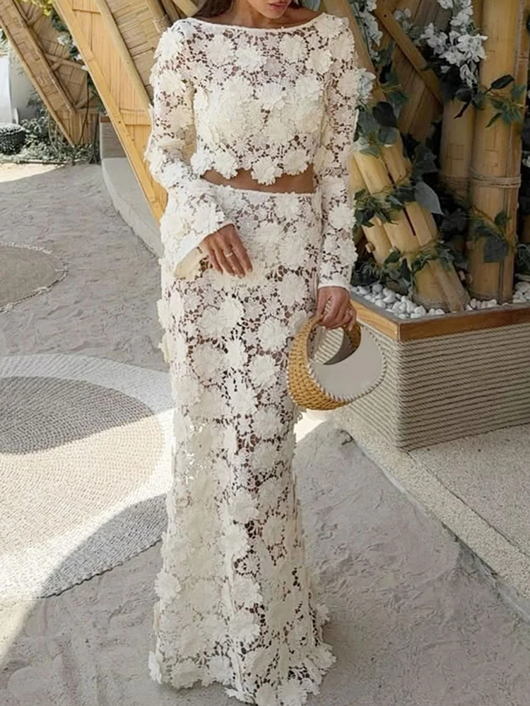 Leisure Women O-neck Long Sleeved Top and Skirt 2 Piece Set Fashion Hollow Lace Summer Suit Vacation Navel Slimming Beach Outfit