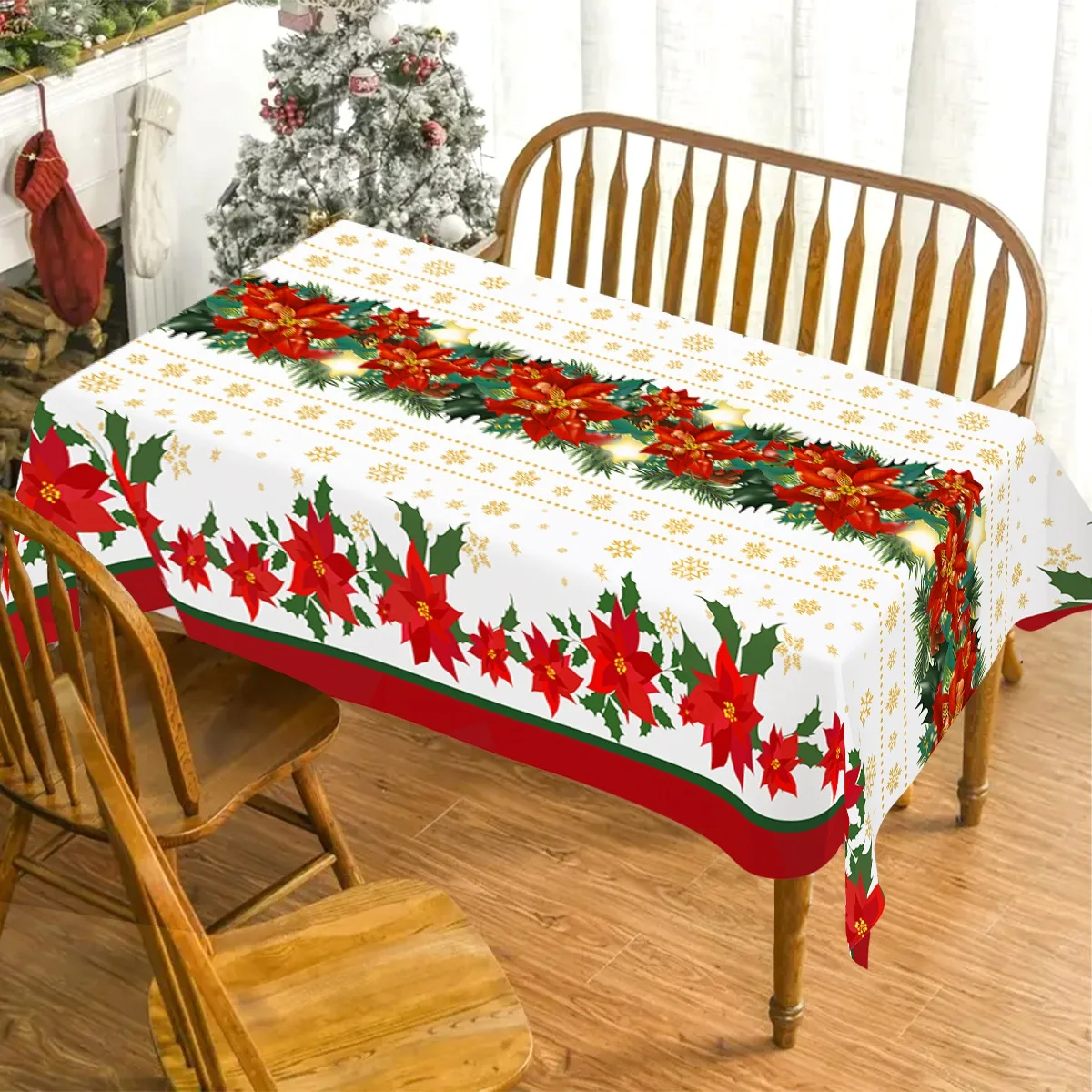 Disposable Christmas Tablecloth Holly Xmas Flower Table Cover Christmas Decorations for Home 2024 Navidad Noel Gift Table Decor
