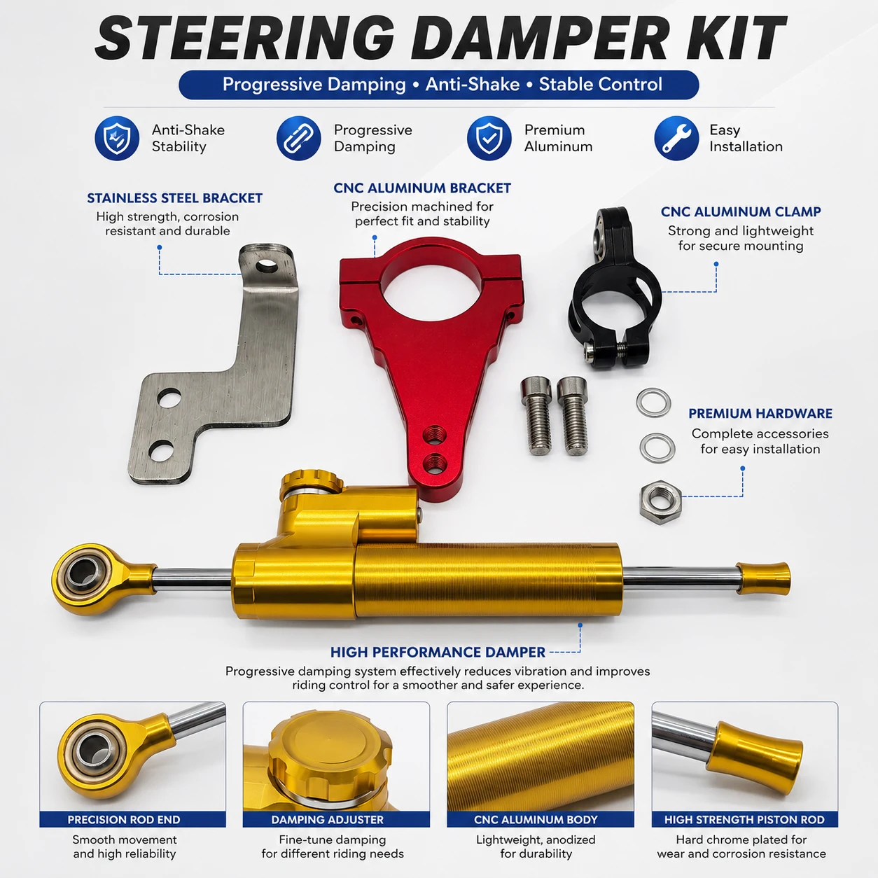 Motorcycle Steering Damper Stabilizer with Bracket Support view 3