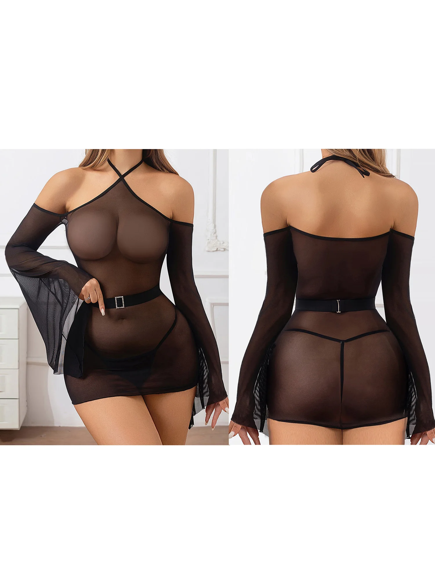 Сексуальный комплект кружевного нижнего белья, красное прозрачное сетчатое платье Babydoll с лямкой на шее и стринги, комплект из 2 предметов для женщин