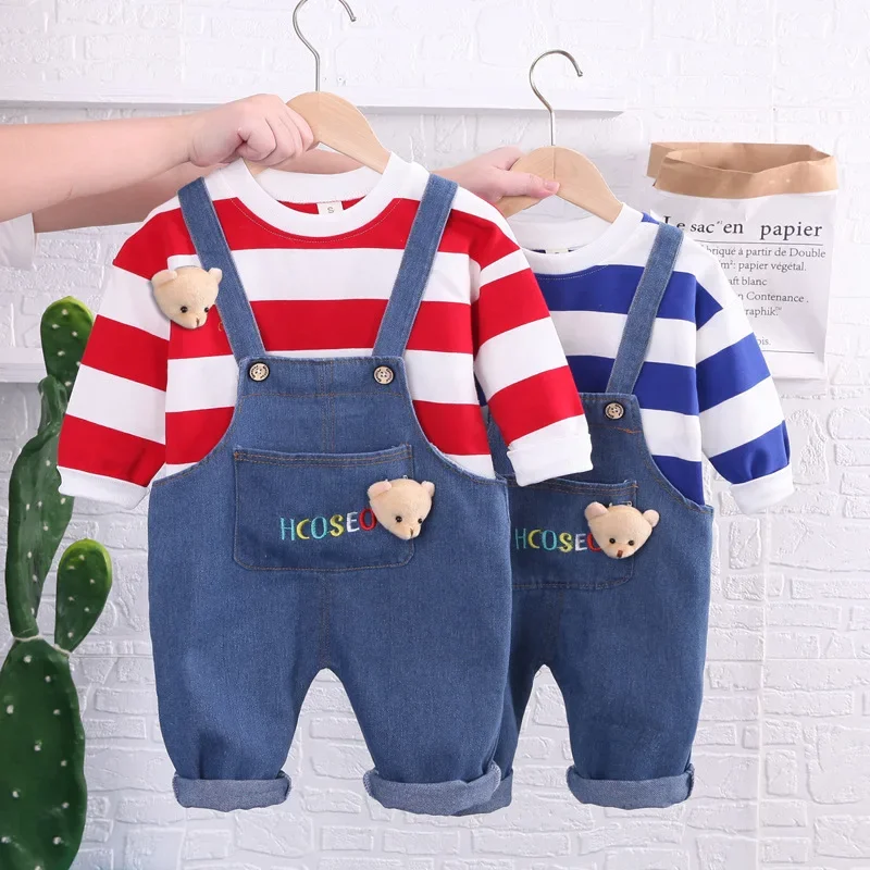 

New Autumn Baby Boys Clothes Suit Children Striped T-Shirt Overalls 2Pcs/Sets Kids Girls Clothing Infant Costume Toddler Outfits