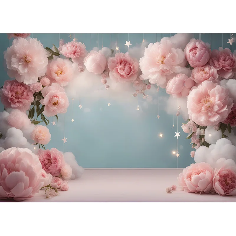 Różowy Niedźwiedź Cyfrowe Tło na Tort Urodzinowy Smash Studio Fotografia Tła z Pastelowym Różowym Tłem Gwiazdy TD-01