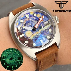 NH35 36mm Tandorio Vintage Dive Watch Mechanical Watch Men Sky Dial Sapphire Glass Luminous Men's Watches Automatic Brown Strap