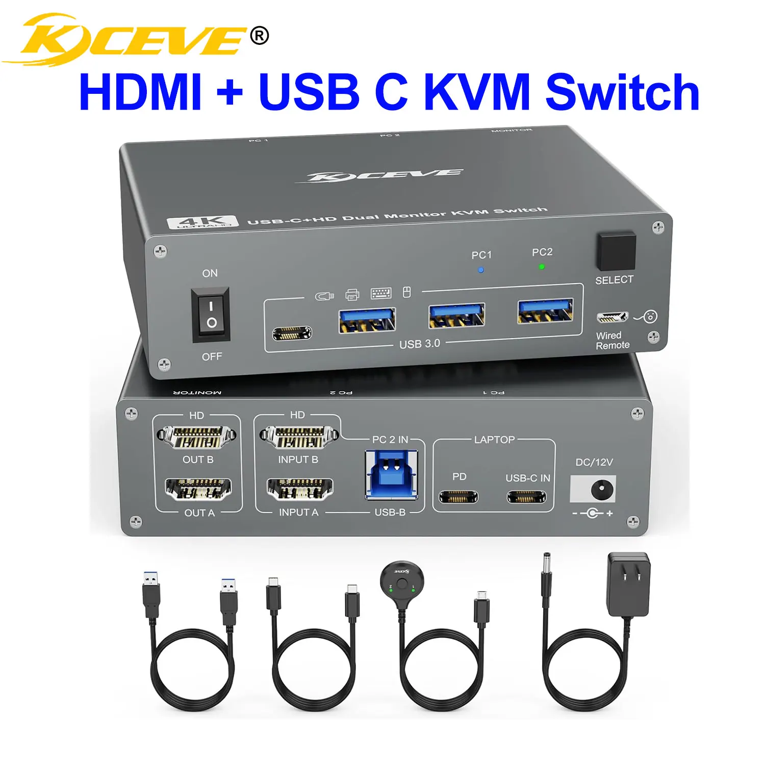 KCEVE 4K Dual Monitor KVM Switch 2 Monitors 2 Computers USB C HDMI,USB 3.0 Typc C KVM Switcher for Laptop & Desktop 4K@60Hz