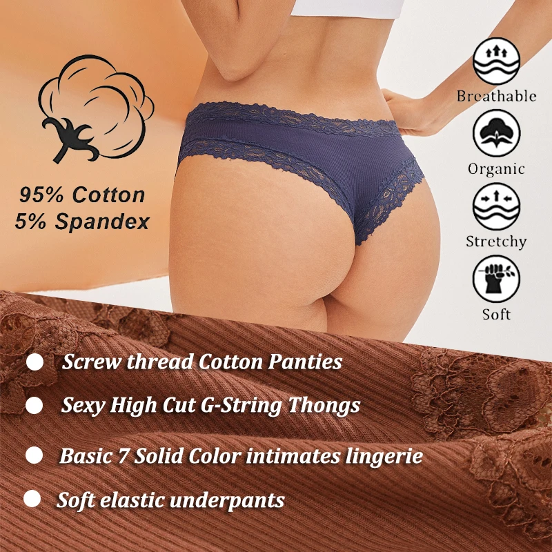 6шт Женское Хлопковое Кружевное Белье Сексуальные Дышащие Бразильские Трусики Девушки Ребристые Полосатые Стринги Мягкие Твердые G-стринги Белье