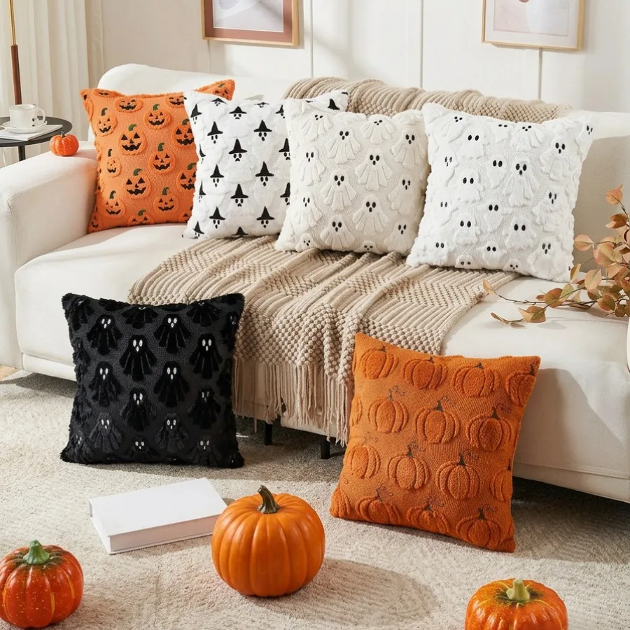 Halloween Ghost Pumpkin Jacquard Plush Throw Pillow Cover, Soft Fluffy Sofa Cushion Furnishing, Spooky Seasonal Decor Pillow Case for Living Room Layout