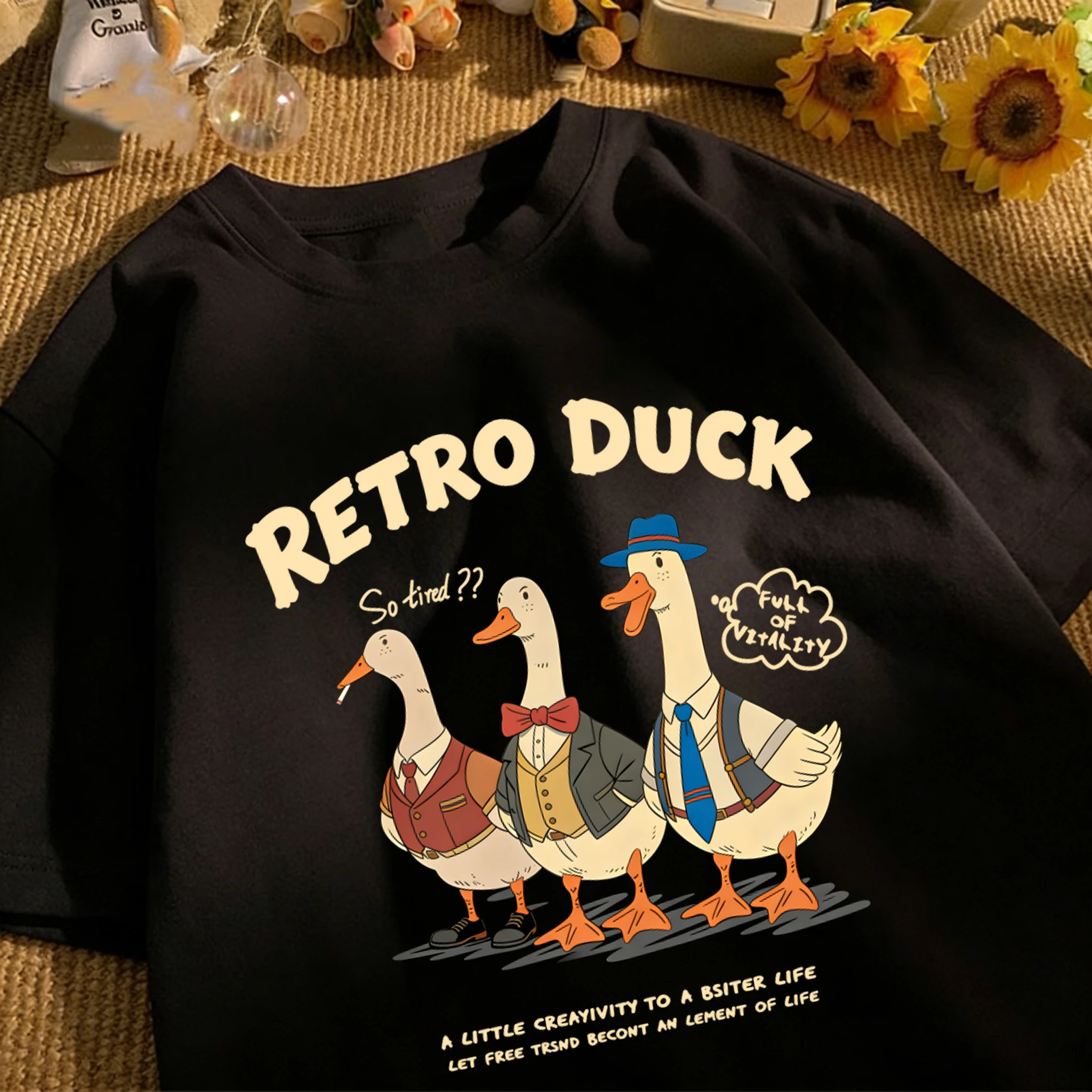 Life Is Full Of Vitality Retro-Enten-Print Herren-T-Shirts aus Baumwolle, lässiges Oberteil, Sommer, O-Ausschnitt, Retro-Kleidung, Mode, Unisex, lockeres T-Shirt