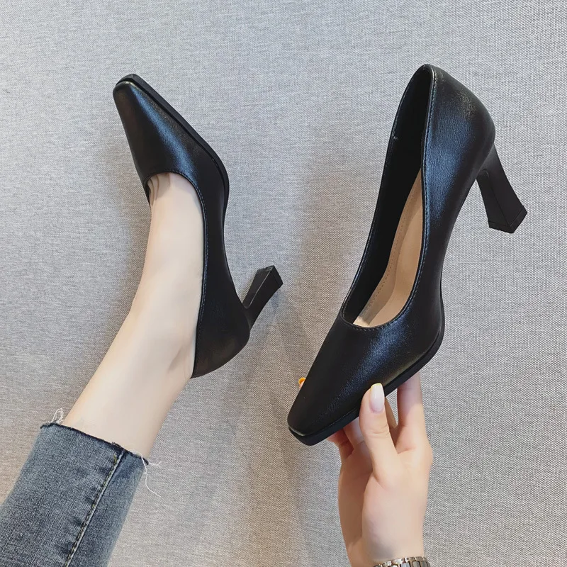 

Black Square Head High Heels Work Shoes for Women Thick Heel Single Shoes Comfortable Footwear Professional Fashion Footwear