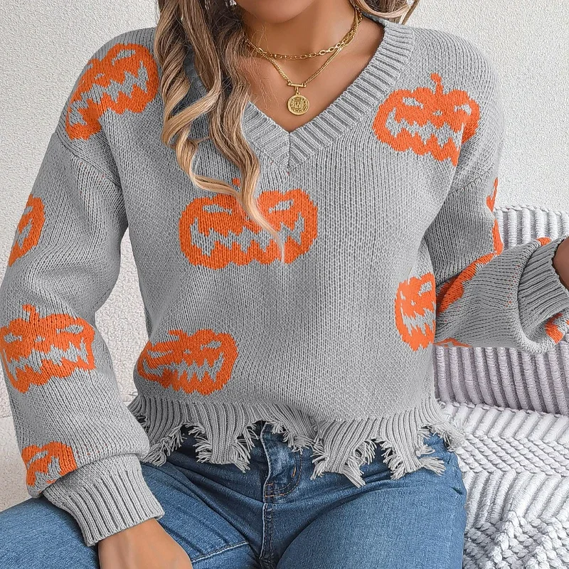 Fall/Winter 2025 Halloween Contrasting Pumpkin Long Sleeve Pullover Sweater Retro Women's Top