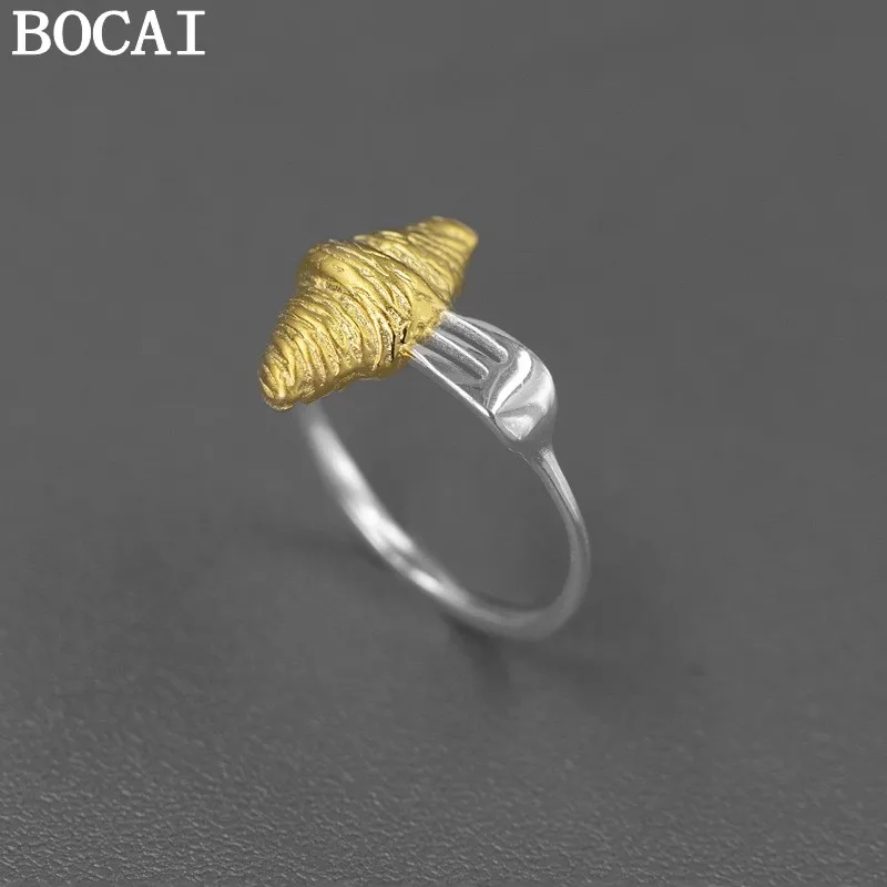 

BOCAI NEW S925 Sterling Silver Fun Cute Breakfast Fork Croissant Ring Ladies' Gift