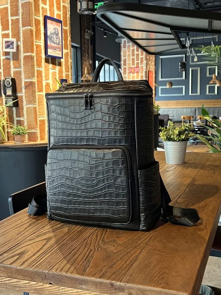 Mens Genuine Leather Business Casual Office Wokr Backpack Fashion Large Capacity Travel Bag Cowhide Black School Backpacks Male