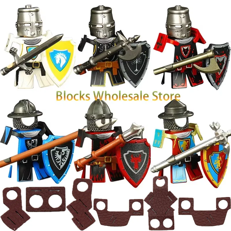 Chevaliers d'Angleterre médiévale, soldats dragon rouges, blocs de construction, activité militaire, armure, bouclier, cheval, lance, hache, armes, briques MOC