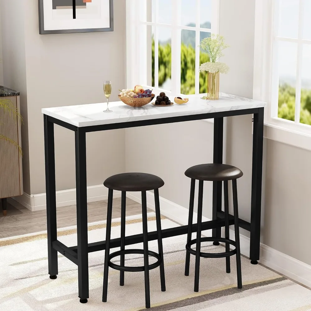 カウンターハイトパブテーブル2点セット、人造大理石トップと布張りスツール付き