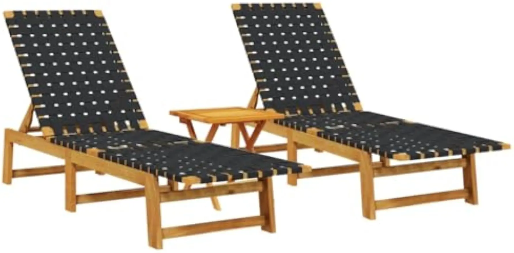 

2 pcs Sun Loungers with Adjustable Backrest & Matching Acacia Wood Table - Outdoor Patio/Garden Casual Black Furniture