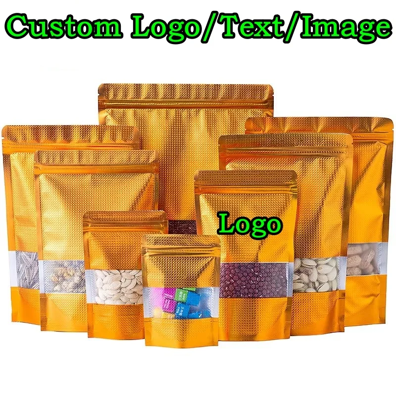 100PCS Stand-up Gold Embossing Aluminum Foil Zipper Bag DIY Cocoa Matcha Tea Coffee Sugar Snack Window Golden Packaging Pouches