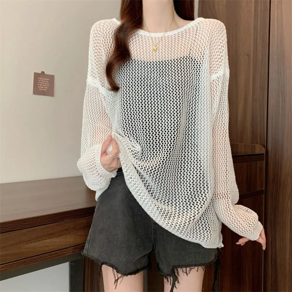 

Breathable Casual Knitted Hollow Pullover Round Neck Loose Long Sleeve T Shirt Beachwear Stripe Crochet Top Women Summer