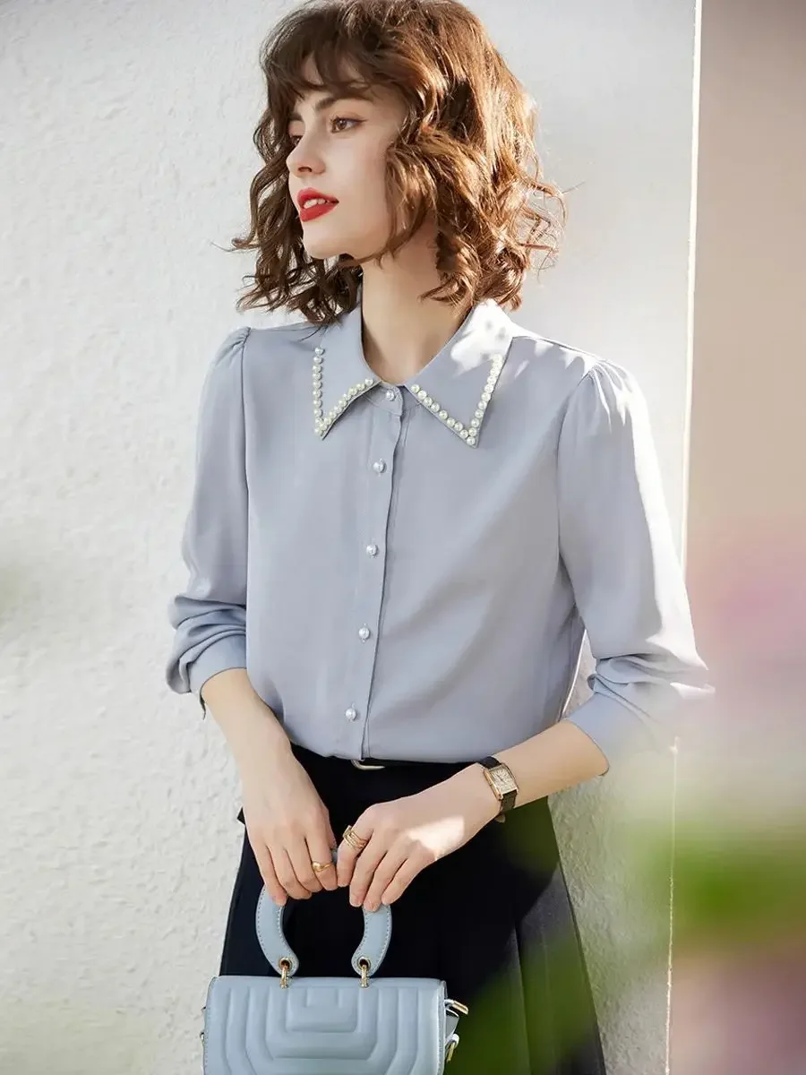 Modiis Yao-Chemise à manches longues et col polo pour femme, chemisiers élégants et chics, haut décontracté, perle, dame de bureau, adt Fit, printemps, nouveau, 2024