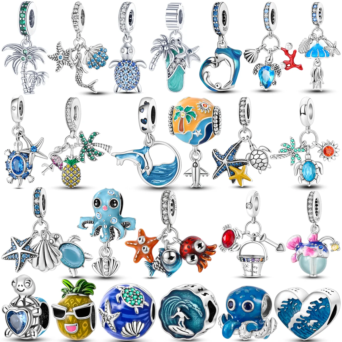 Original 925 Sterling Silver Charms Bead Summer Ocean Collection Charm Dangle for Women Lover Fine DIY Birthday Jewelry Gifts