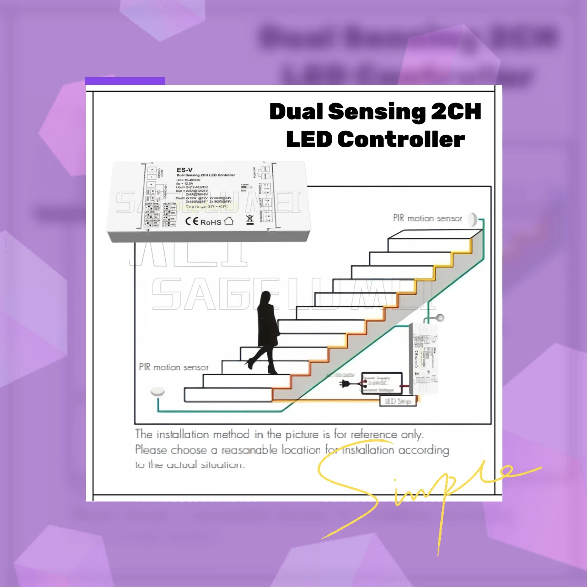 

Светодиодный контроллер Skydance ES-V PIR Датчик движения 2CH 12-48V Управление освещением лестницы Push Dimming для одноцветной или светодиодной ленты CCT
