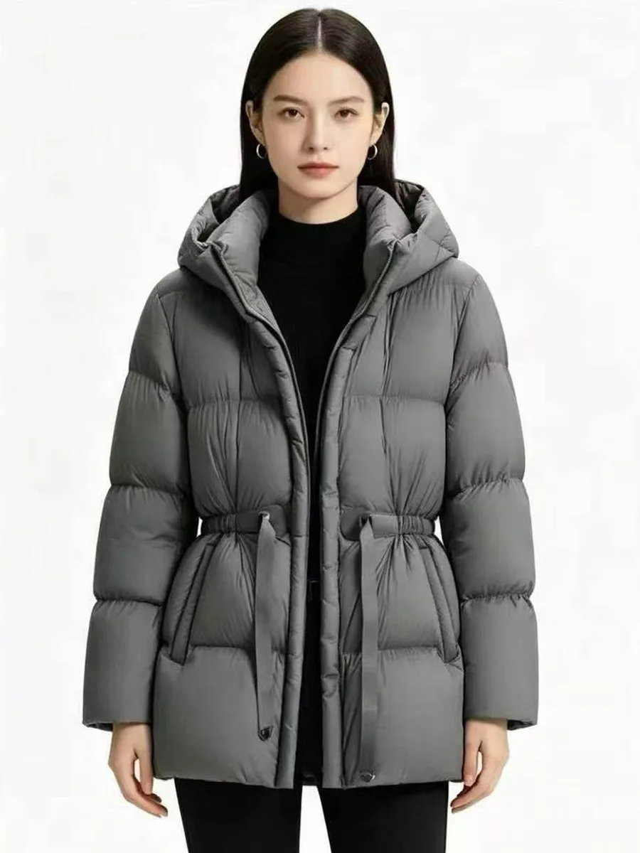 Winter High Quality Hooded Down Jacket Women White Duck Down Thicken Warm Outwears Female Waist Drawstring Parker Down Jacket