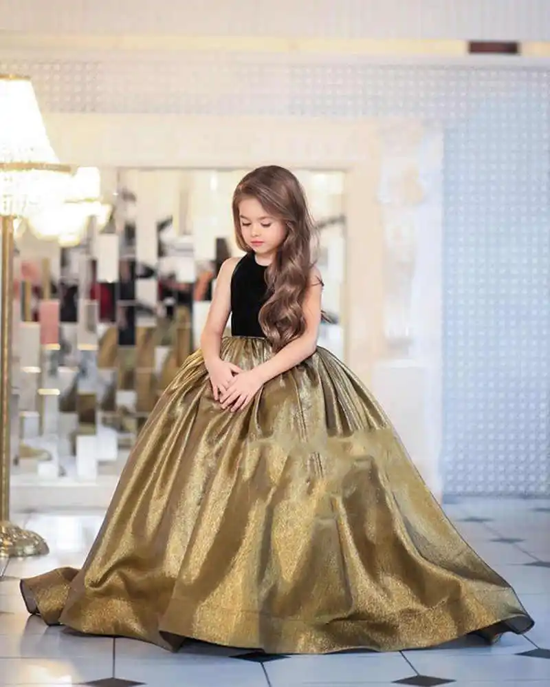 

Black Velvet Flower Girl Dress Gold Sequin Girl Pageant Ball Gown Christmas Party Prom Dress for Girls Homecoming Dresses