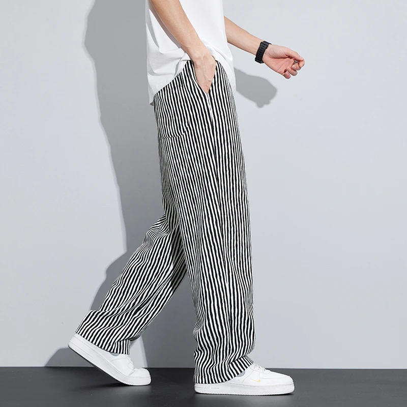 Spring Summer Stripe Casual Pants Men Wear Loose Straight Wide Leg Drawstring Elastic Waist Pant Jogger Trousers Male Streetwear