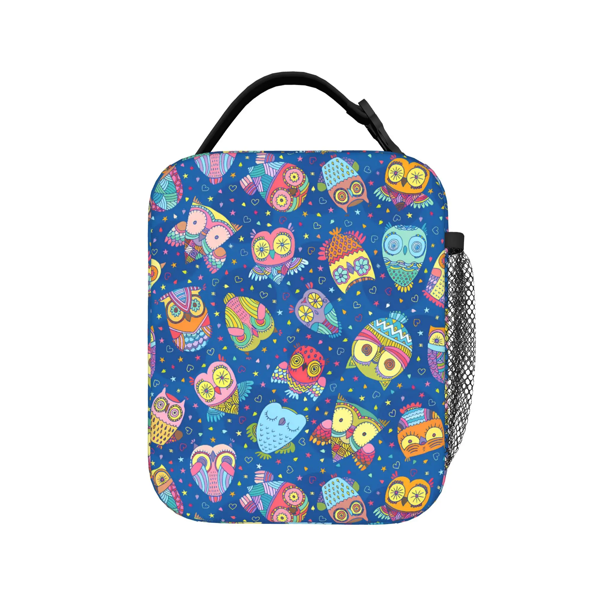 Blue Winter Owl Lunch Bag Animal Print Casual Lunch Box Travel Portable Zipper Thermal Tote Handbags For Child Print Cooler Bag