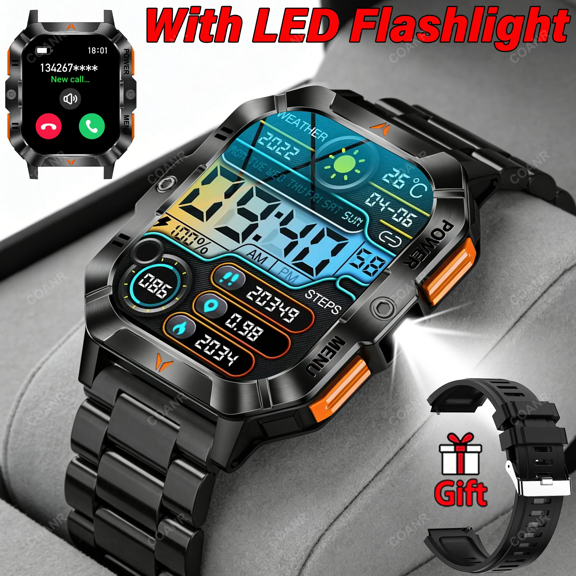 

New Military Outdoor Sports Fitness tracking Smart Watch 2.01" with LED Flashlight Wireless Calling SmartWatch 100+sports modes
