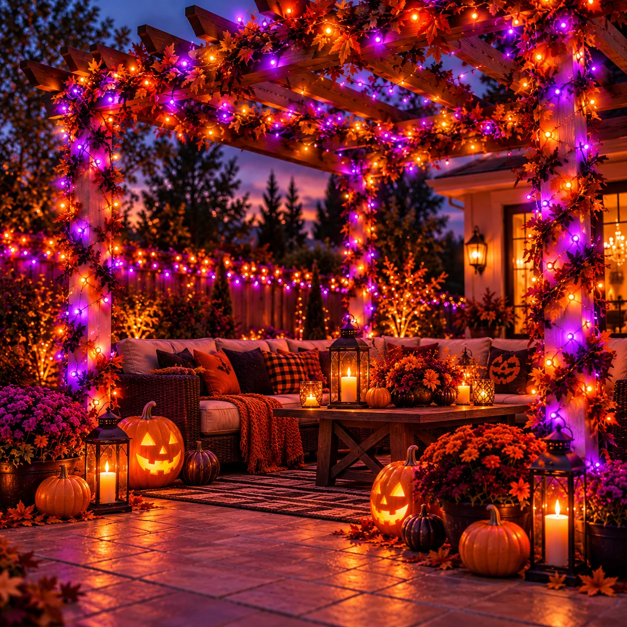 Halloween-Lichterkette mit Solarbetrieb, in den Farben Lila, Orange und Kupfer, 8 Leuchtmodi, schaltet sich automatisch bei Dunkelheit ein, ideal für die Dekoration von Gärten, Veranden und Partys. – Detail 6
