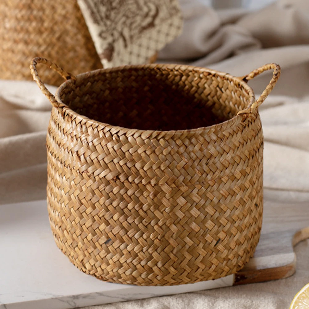 Woven Storage Boxes Japanese Style Woven Seagrass Basket Woven Plant Pot Holder Desktop Flower Arrangement Basket Flower Baskets